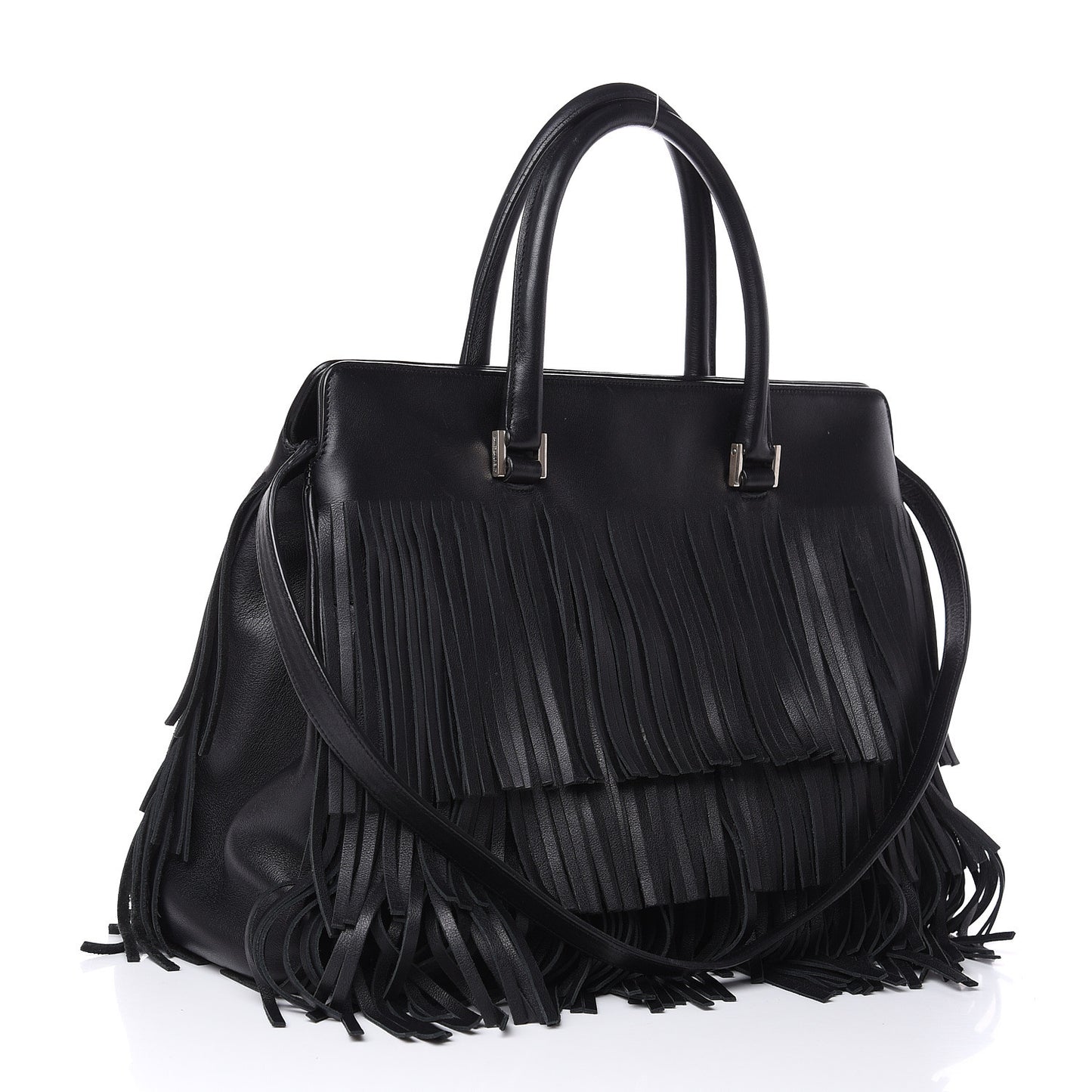 Calfskin Fringe Medium Trois Clous Tote Black