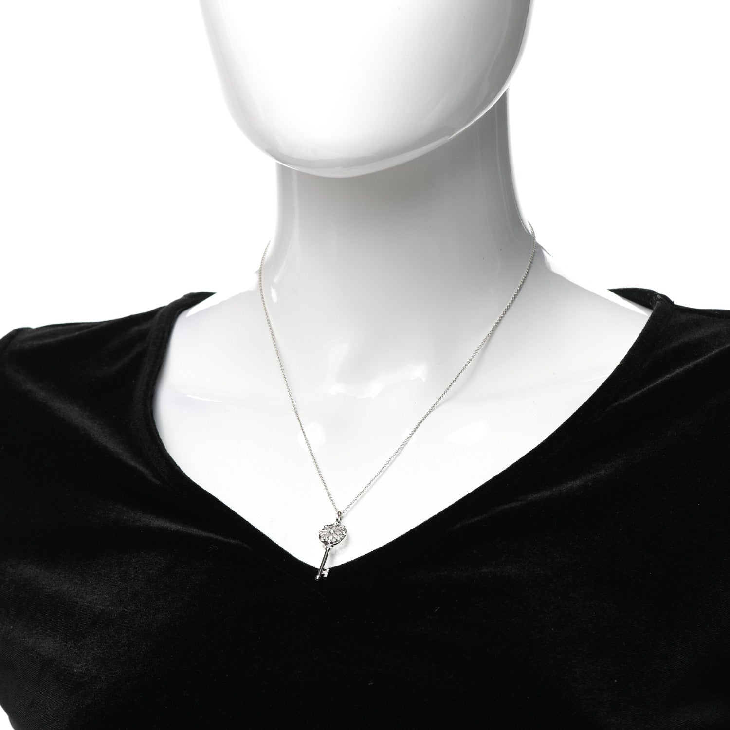 Tiffany 18K White Gold Diamond Floral Key Pendant Necklace 2 of 5