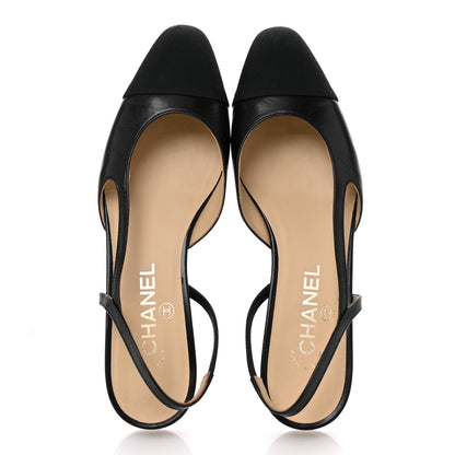 Chanel Goatskin Grosgrain Cap Toe CC Slingback Sandals 38.5 Black 2 of 10