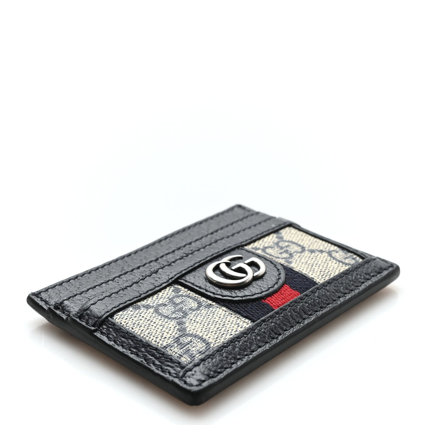 GG Supreme Monogram Textured Dollar Calfskin Web Ophidia Card Holder Beige Blue