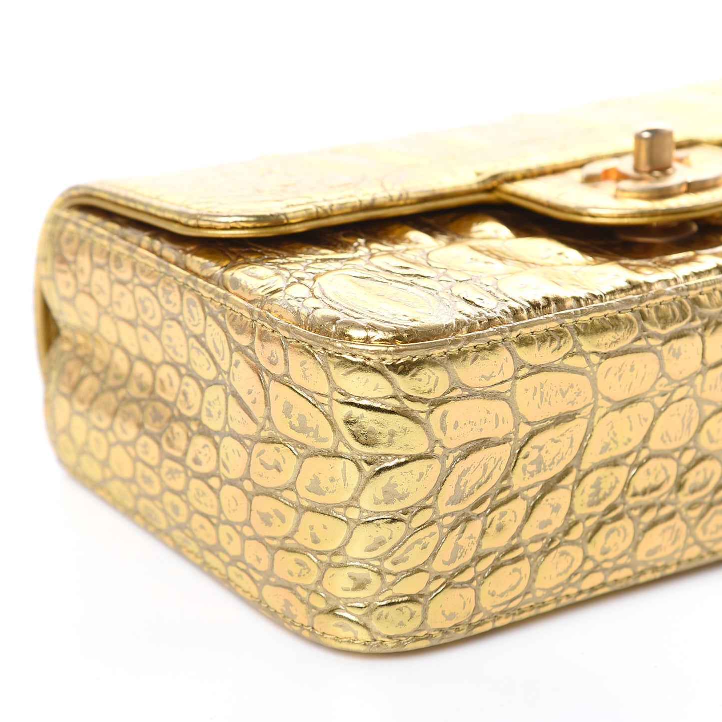 Metallic Calfskin Crocodile Embossed Cocodile Rectangular Mini Flap Gold