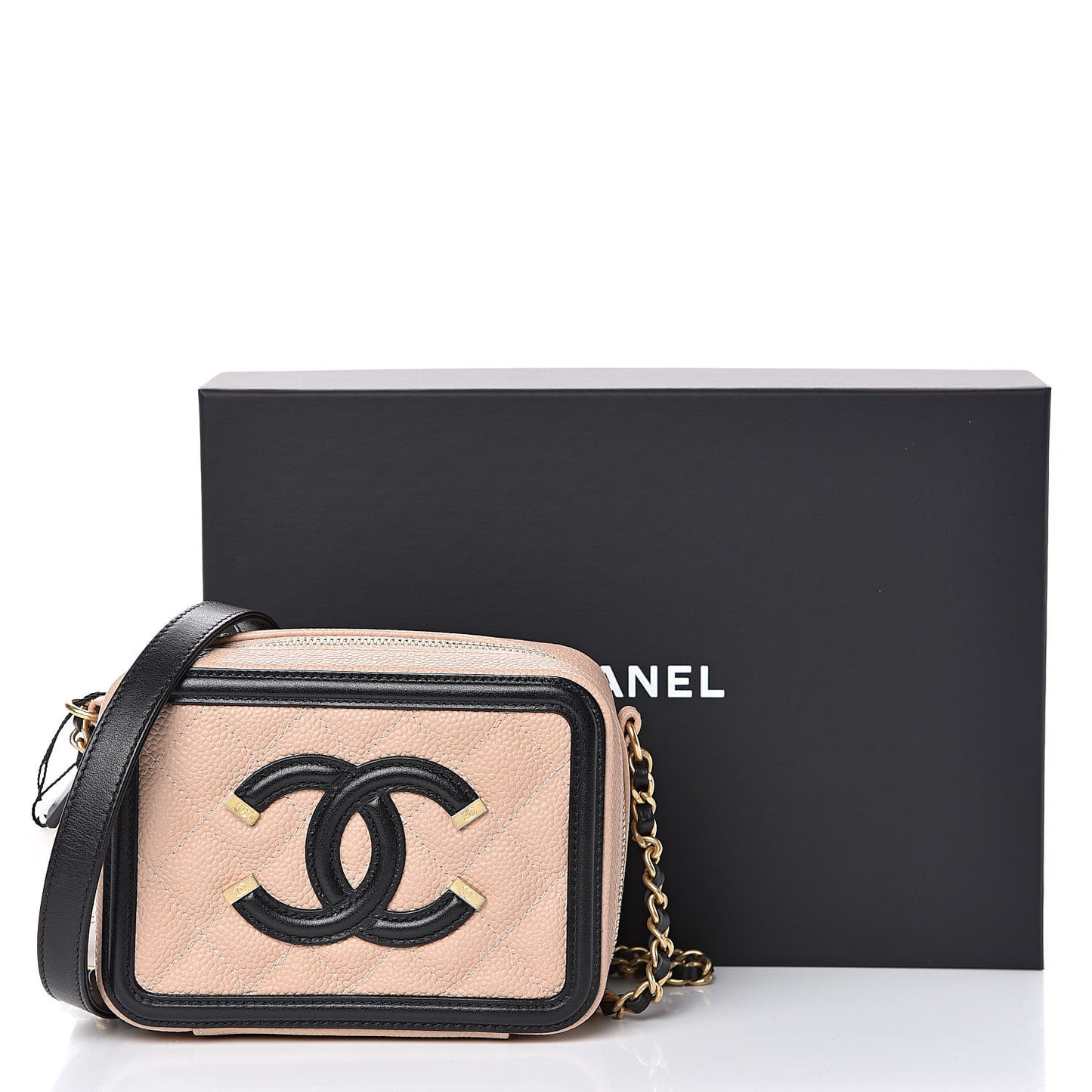 Caviar Quilted CC Filigree Vanity Clutch With Chain Beige Black