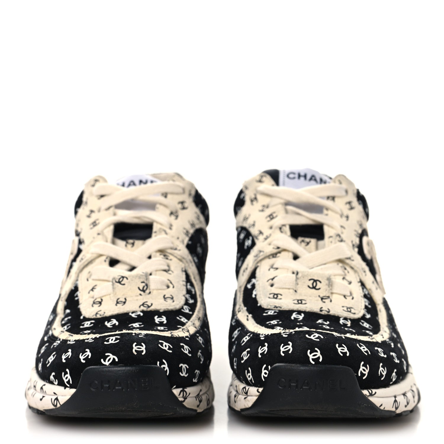 Chanel Nylon Suede Calfskin Printed CC Sneakers 37.5 White Black 3 of 10
