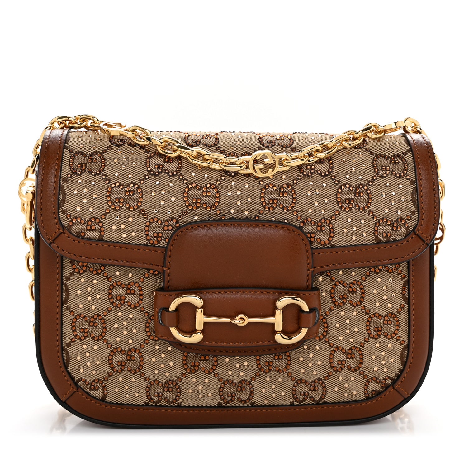 New Canvas Charisma Calfskin Crystal GG Monogram Mini Horsebit 1955 Shoulder Bag Camel Ebony