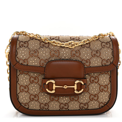 Gucci New Canvas Charisma Calfskin Crystal GG Monogram Mini Horsebit 1955 Shoulder Bag Camel Ebony 1 of 10