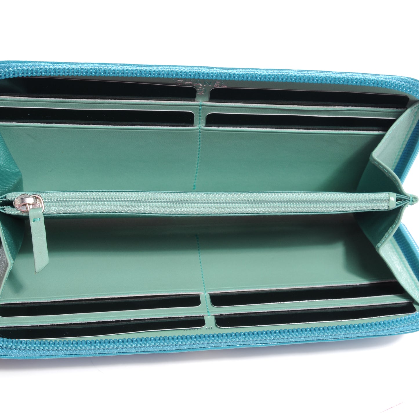 Lambskin Camellia Embossed Large Zip Wallet Turquoise