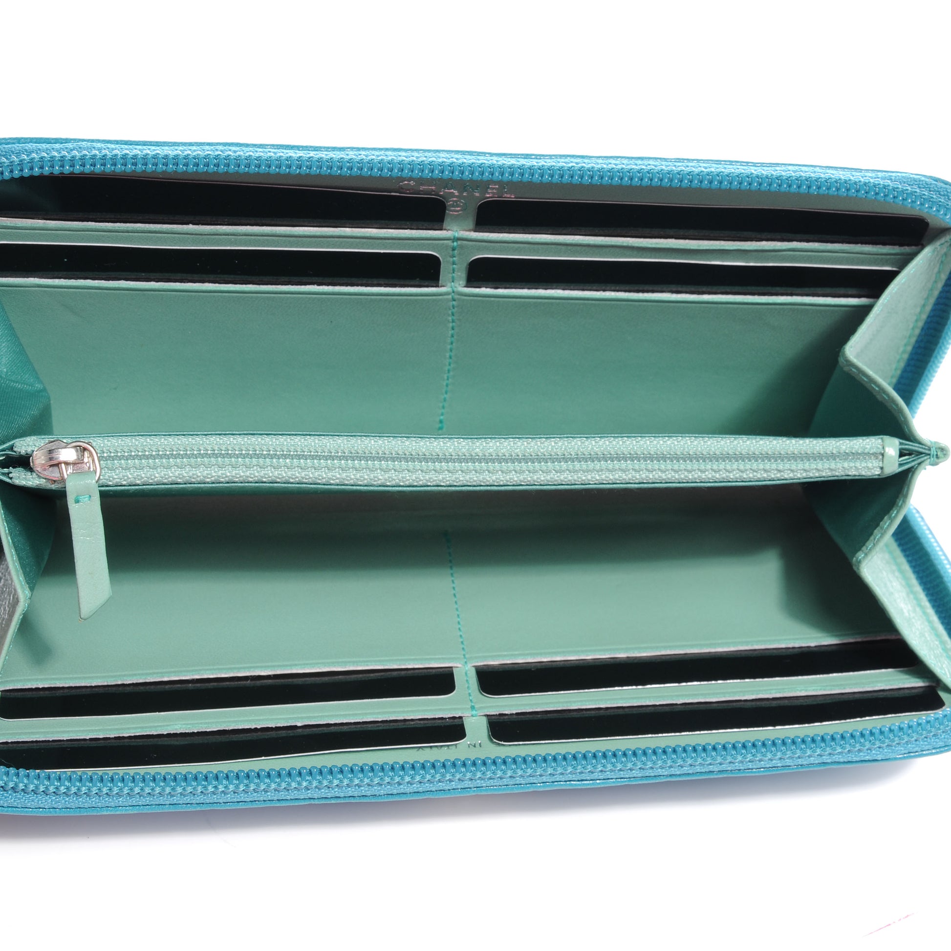 Chanel Lambskin Camellia Embossed Large Zip Wallet Turquoise 6 of 9