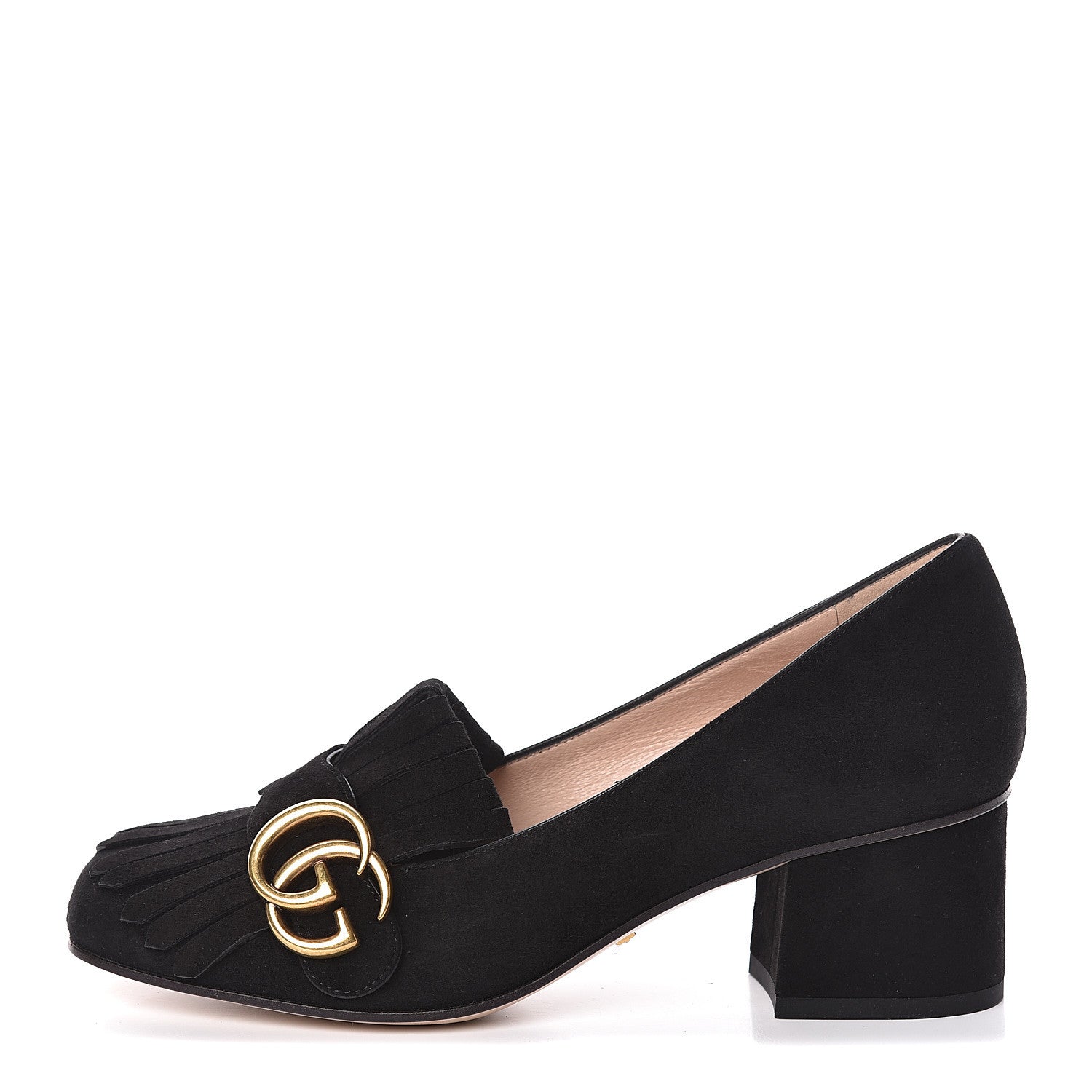 Gucci Kid Scamosciato GG Marmont Fringe 50mm Loafer Pumps 36 Black 1 of 9