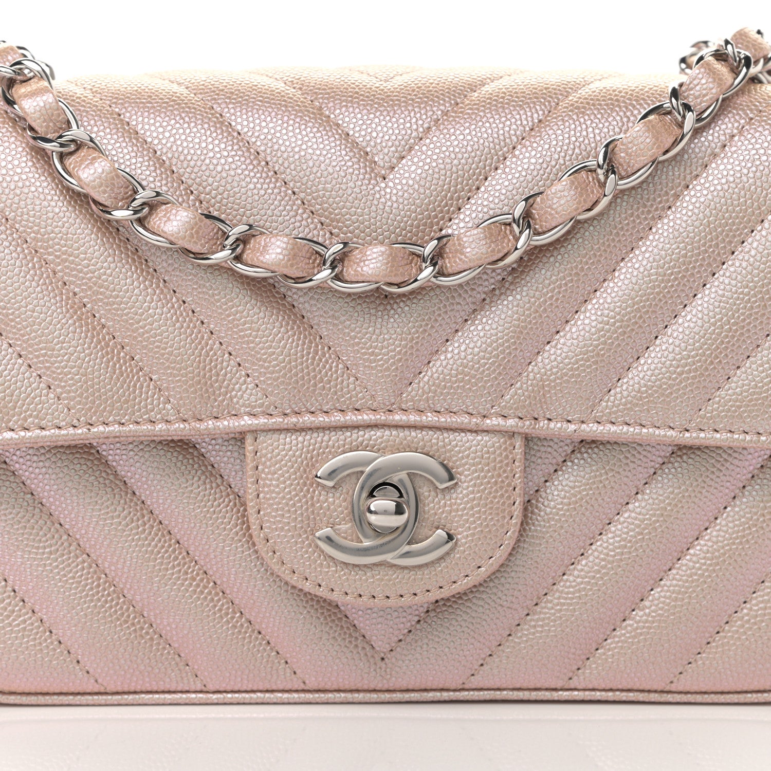 Chanel Iridescent Caviar Chevron Quilted Mini Rectangular Flap Light Gold 15 of 19