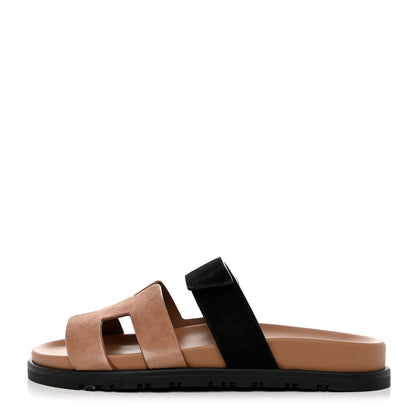 Hermes Suede Goatskin Womens Chypre Sandals 37.5 Rose Perle Black 1 of 9