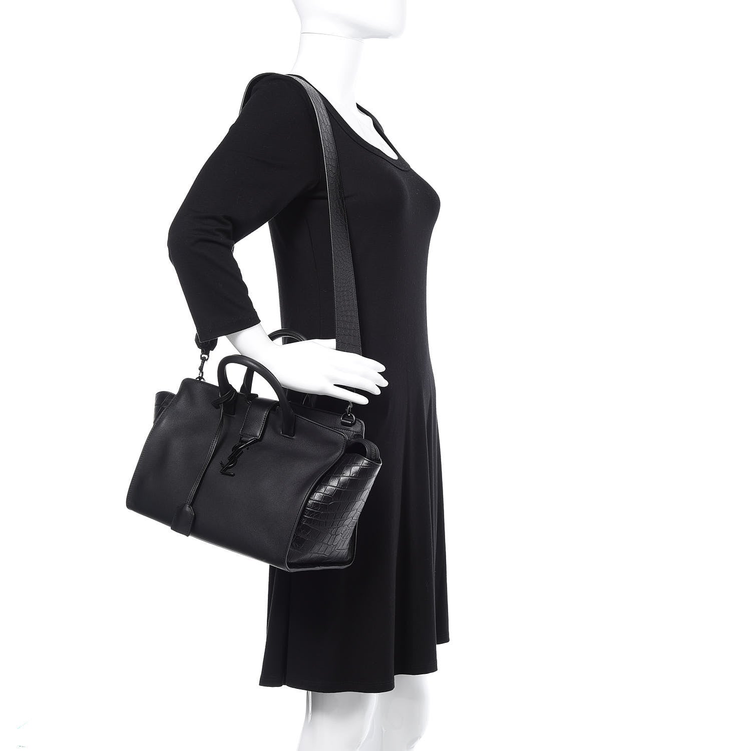 Saint Laurent Smooth Calfskin Crocodile Embossed Small Monogram Downtown Cabas Black 2 of 12