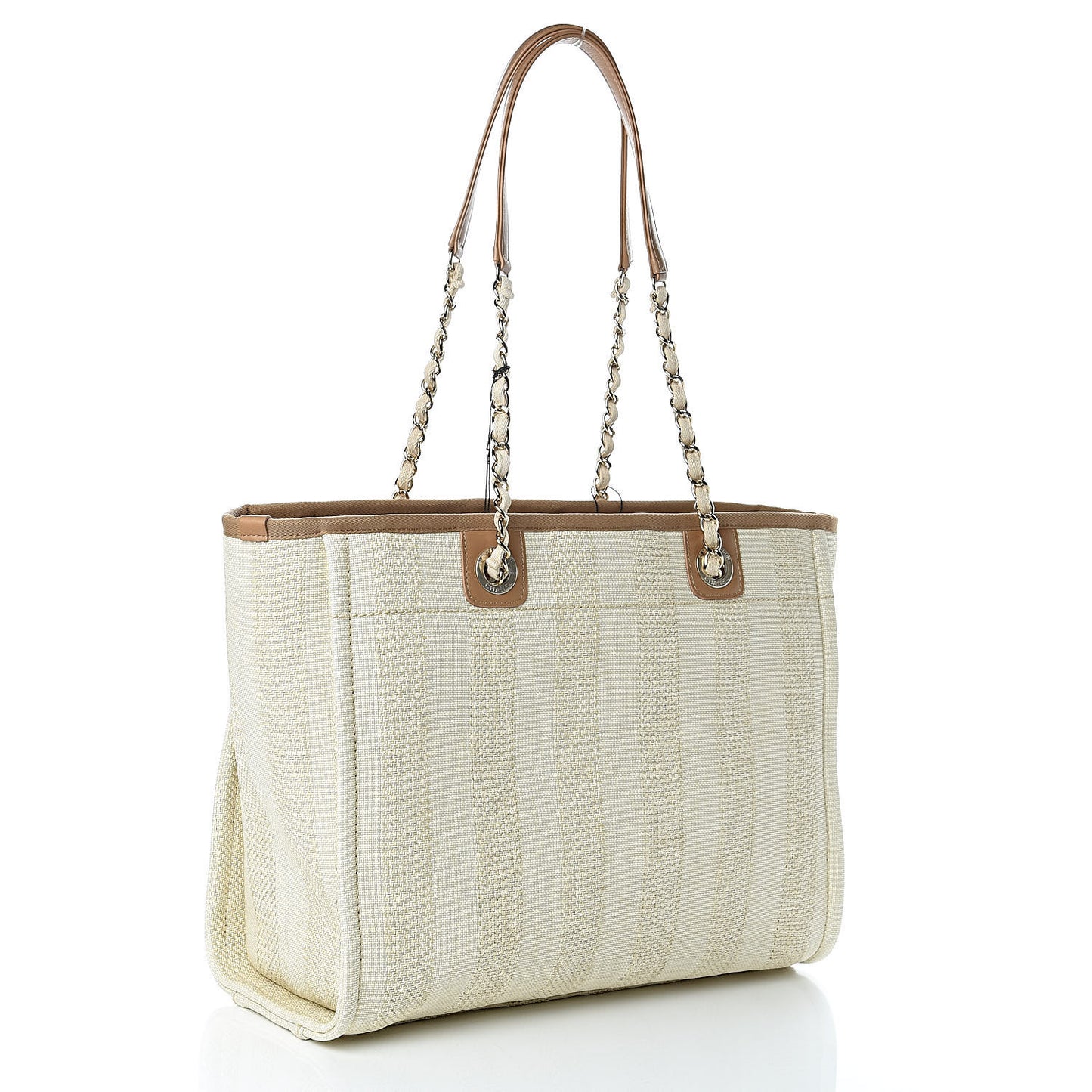 Straw Raffia Calfskin Striped Small Deauville Tote Beige