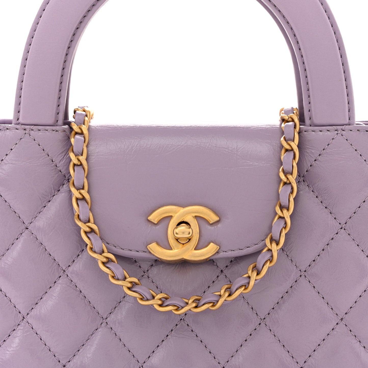 Shiny Aged Calfskin Quilted Nano Kelly Shopper Lilac