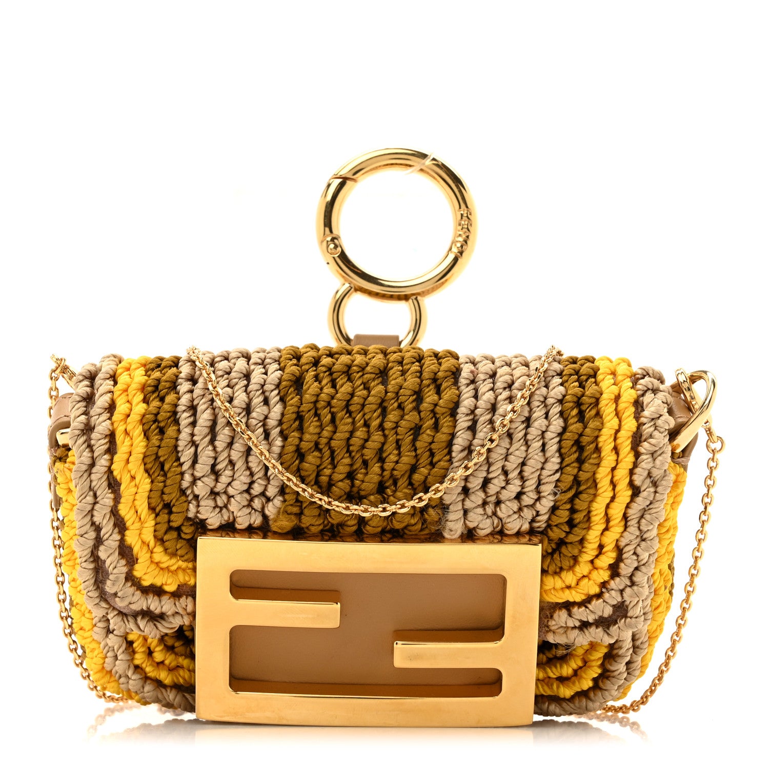 Fendi Woven Nappa FF Nano Maxi Buckle Baguette Charm Sand Pomelo Miele Scuro 1 of 10