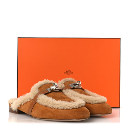 Hermes Suede Goatskin Shearling Womens Oz Mules 39 Natural Ecru 11 of 11