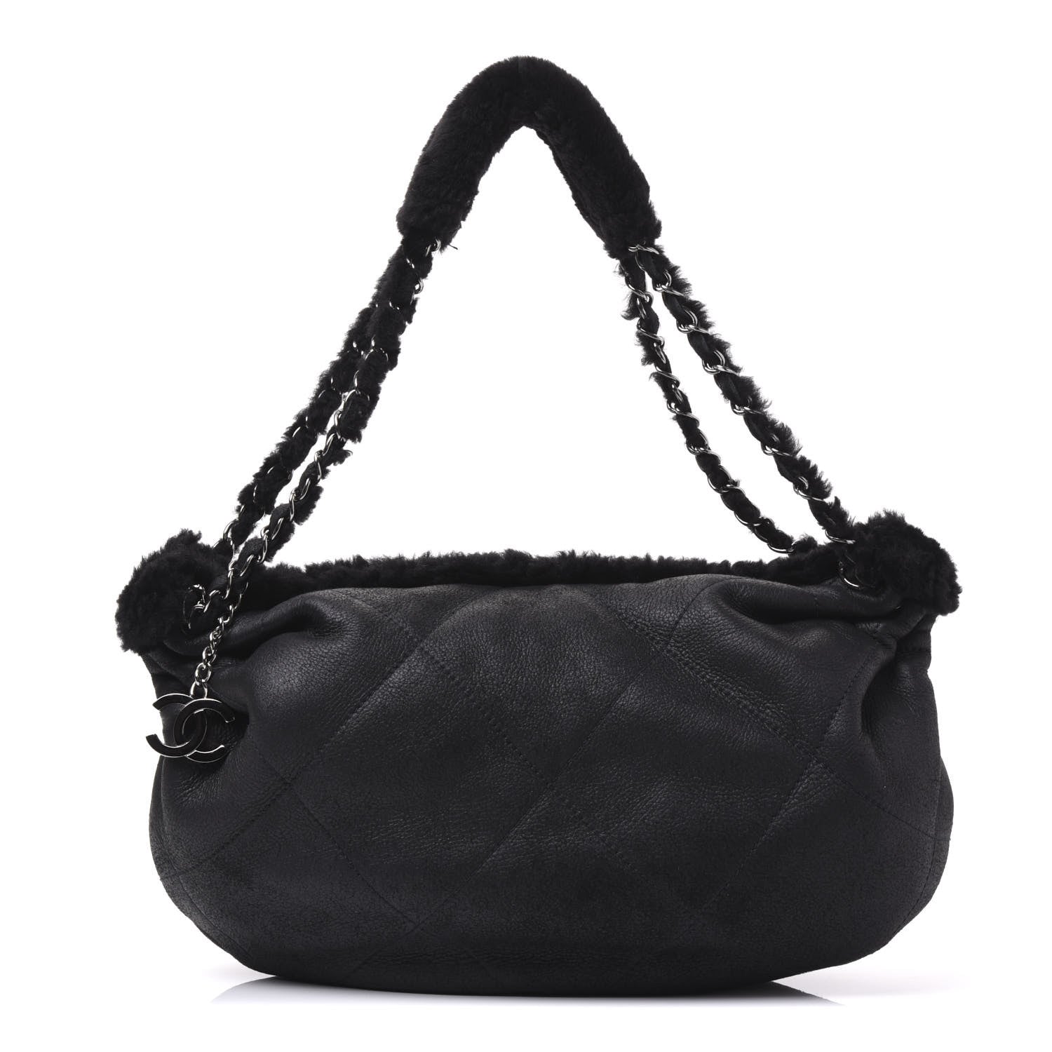 Chanel Shearling Suede Lambskin Stitched Hobo Black 1 of 9