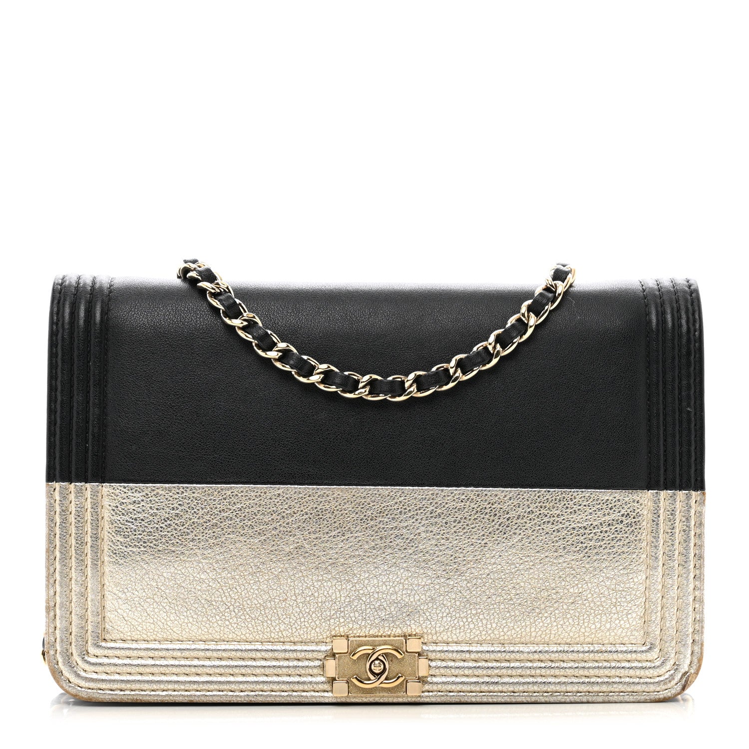 Chanel Metallic Goatskin Lambskin Boy Wallet on Chain WOC Black Gold 1 of 12