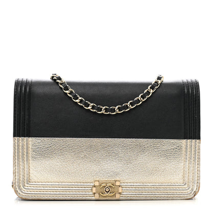 Chanel Metallic Goatskin Lambskin Boy Wallet on Chain WOC Black Gold 1 of 12
