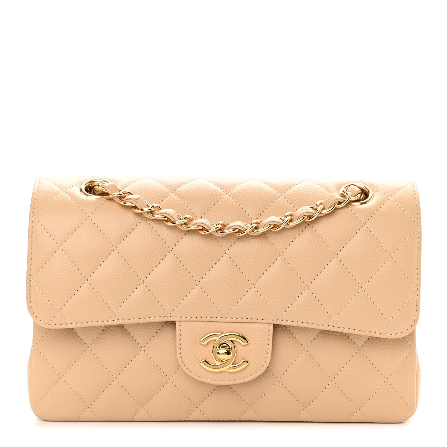 Caviar Quilted Small Double Flap Beige