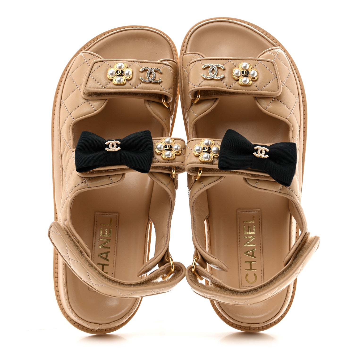 Chanel Lambskin Velcro CC Pearl Bow Dad Sandals 38 Beige 2 of 12