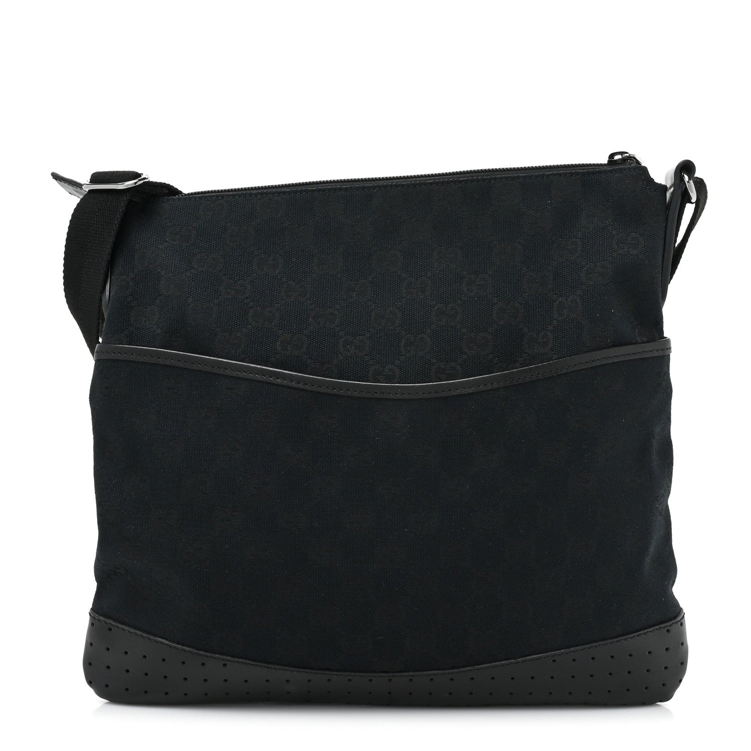 Gucci Monogram Calfskin Perforated Medium Flat Messenger Bag Black 1 of 9