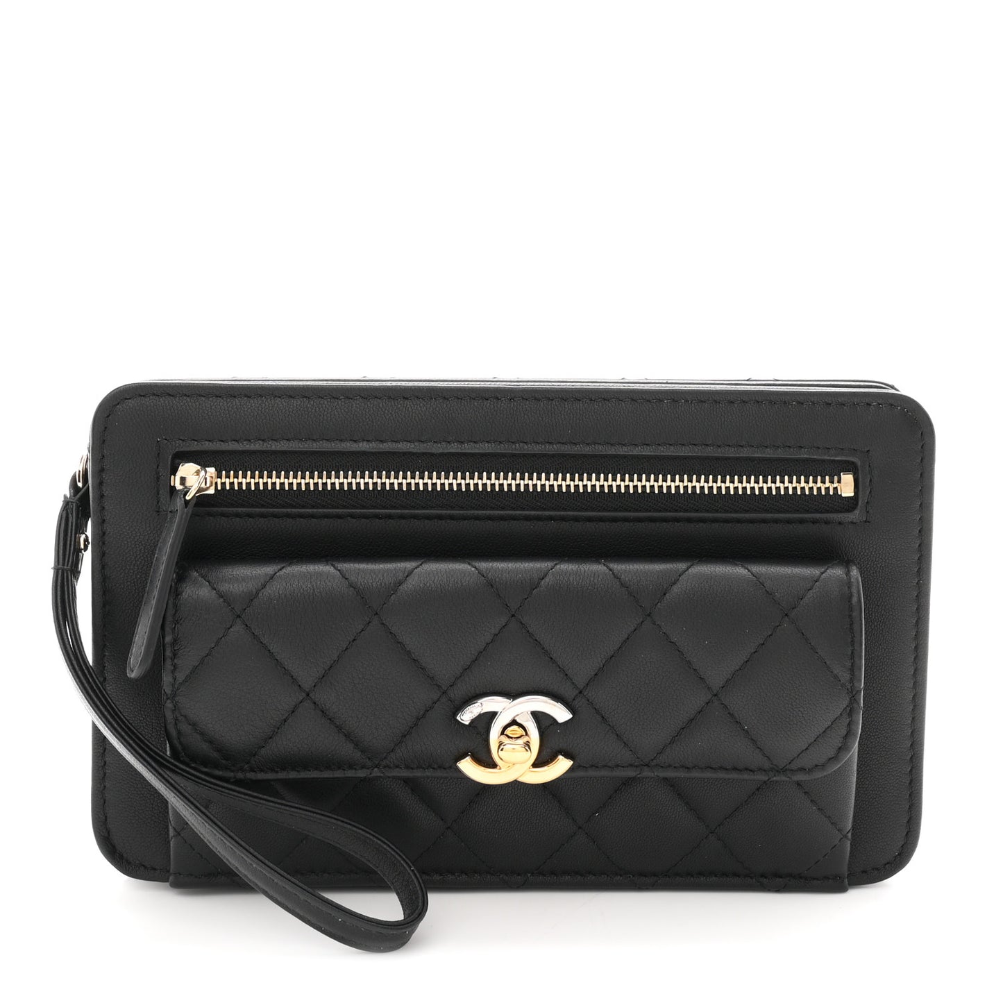 Lambskin Quilted Front Pocket Wristlet Black