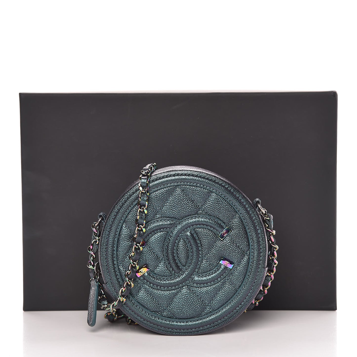 Iridescent Caviar Quilted Round Filigree Crossbody Dark Turquoise