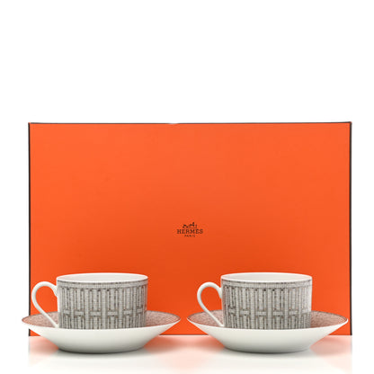 Hermes Porcelain Mosaique Au 24 Breakfast Cup And Saucer Set Of 2 Platine 10 of 10