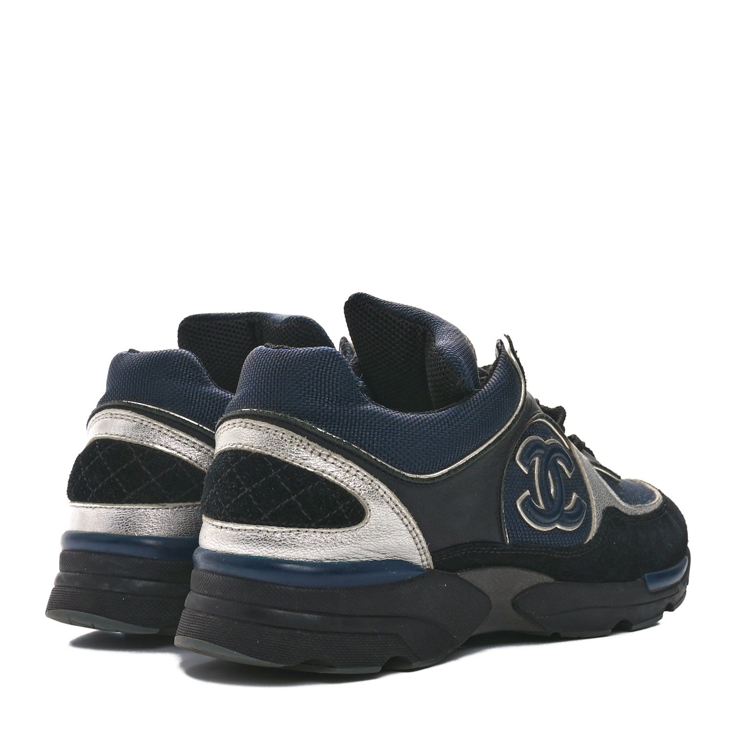 Chanel Mesh Suede Calfskin Womens CC Sneakers 36 Dark Blue Black Silver 5 of 9