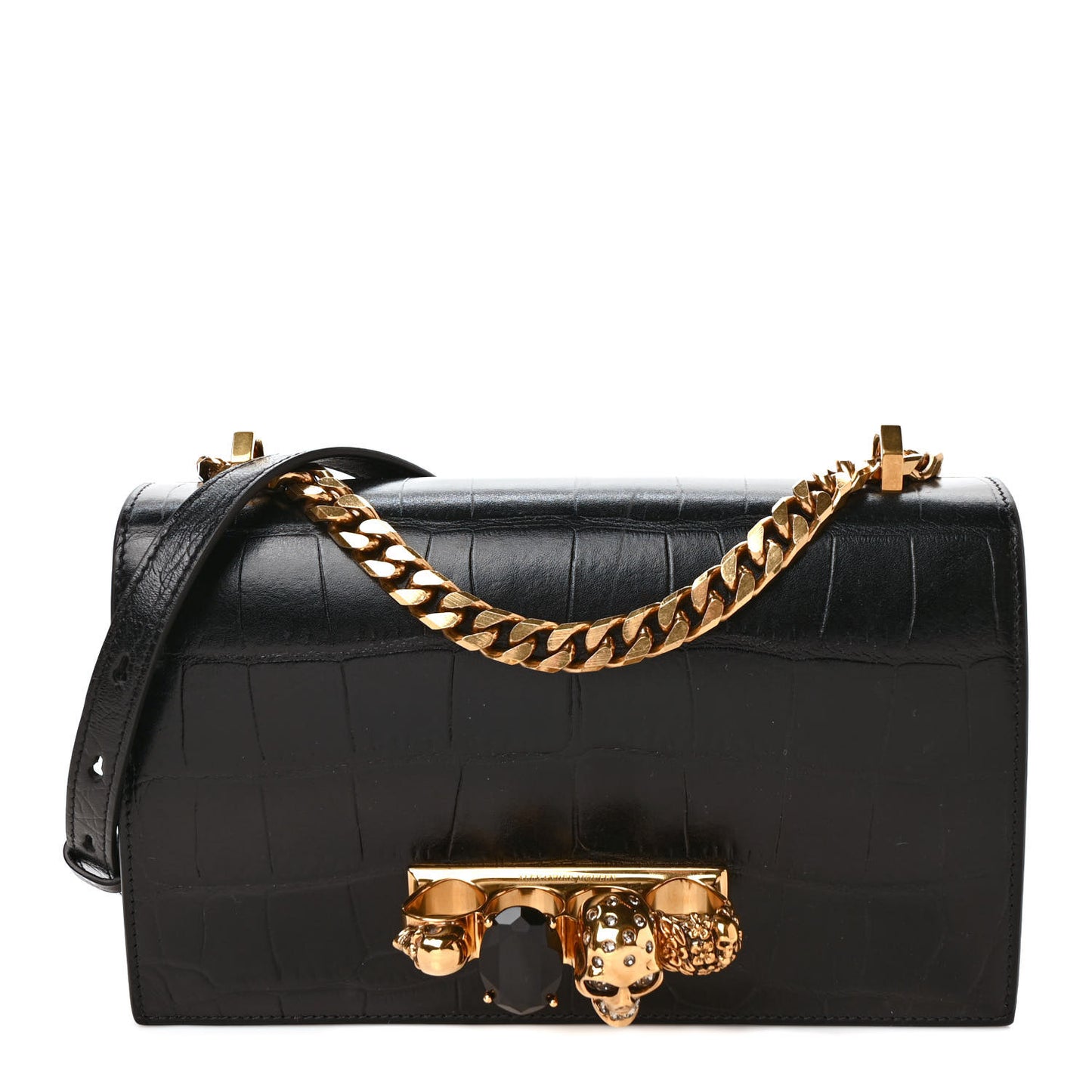 Shiny Crocodile Embossed Jeweled Satchel Black