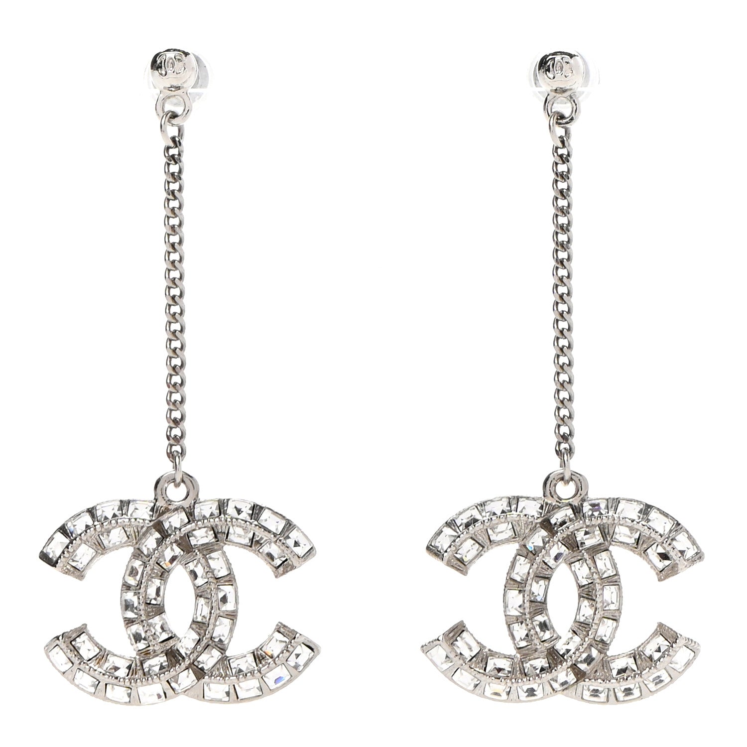 Chanel Baguette Crystal CC Drop Earrings Silver 1 of 4