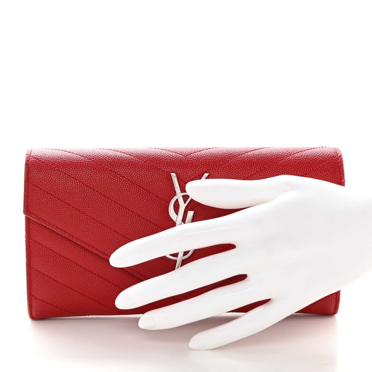 Saint Laurent Grain De Poudre Matelasse Chevron Monogram Flap Wallet Red 2 of 12
