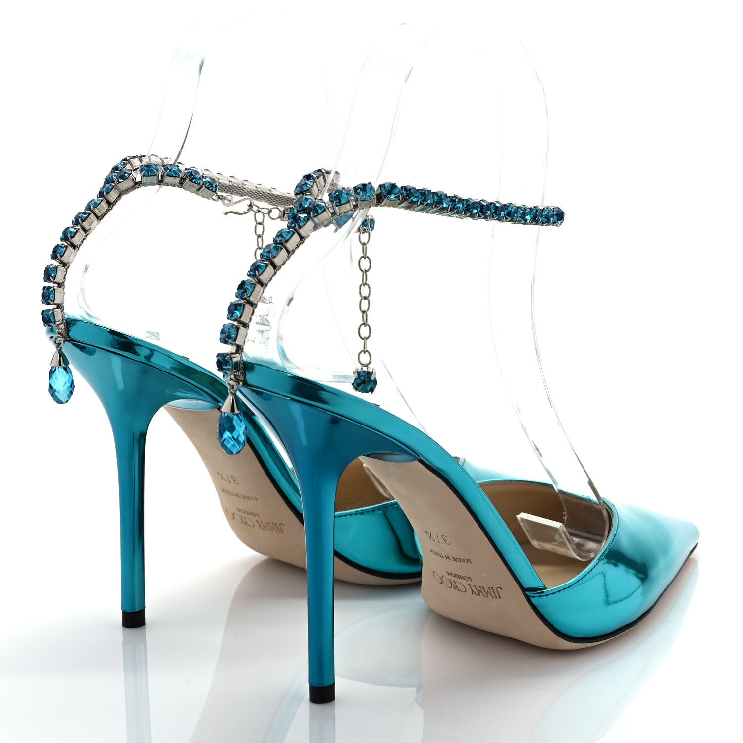 Jimmy Choo Liquid Metal Calfskin Crystal Saeda 100 Pumps 37.5 Malibu 4 of 7