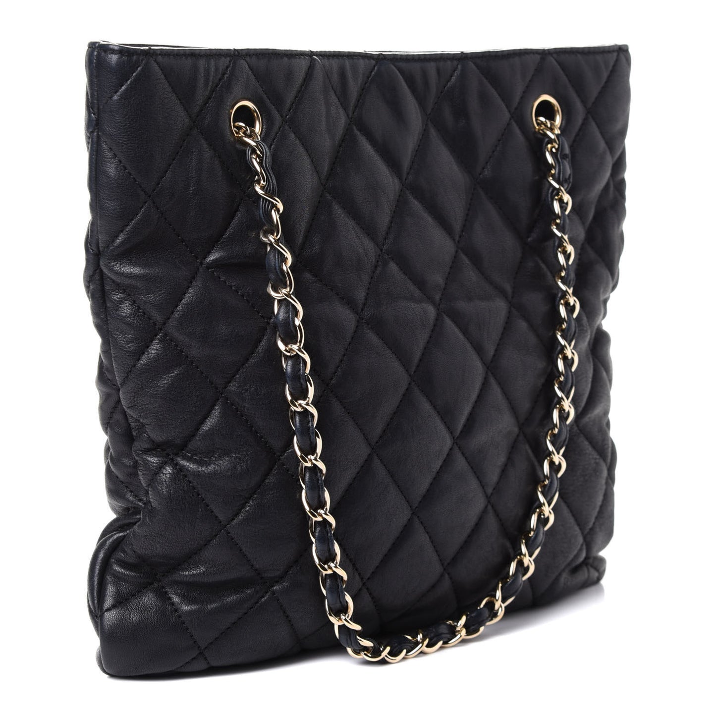 Crumpled Lambskin Quilted CC Shopping Tote Black