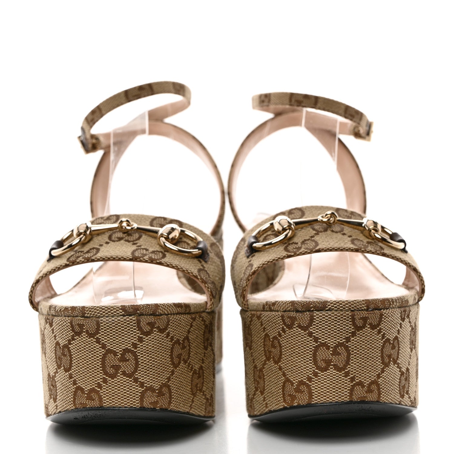Gucci Monogram Nappa Chalotte Horsebit Ankle Strap 75mm Flatform Sandals 37.5 Beige Ebony 2 of 7
