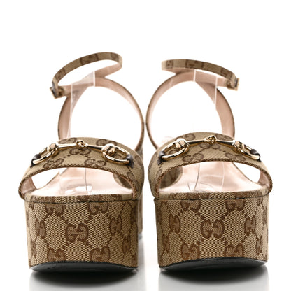 Gucci Monogram Nappa Chalotte Horsebit Ankle Strap 75mm Flatform Sandals 37.5 Beige Ebony 2 of 7