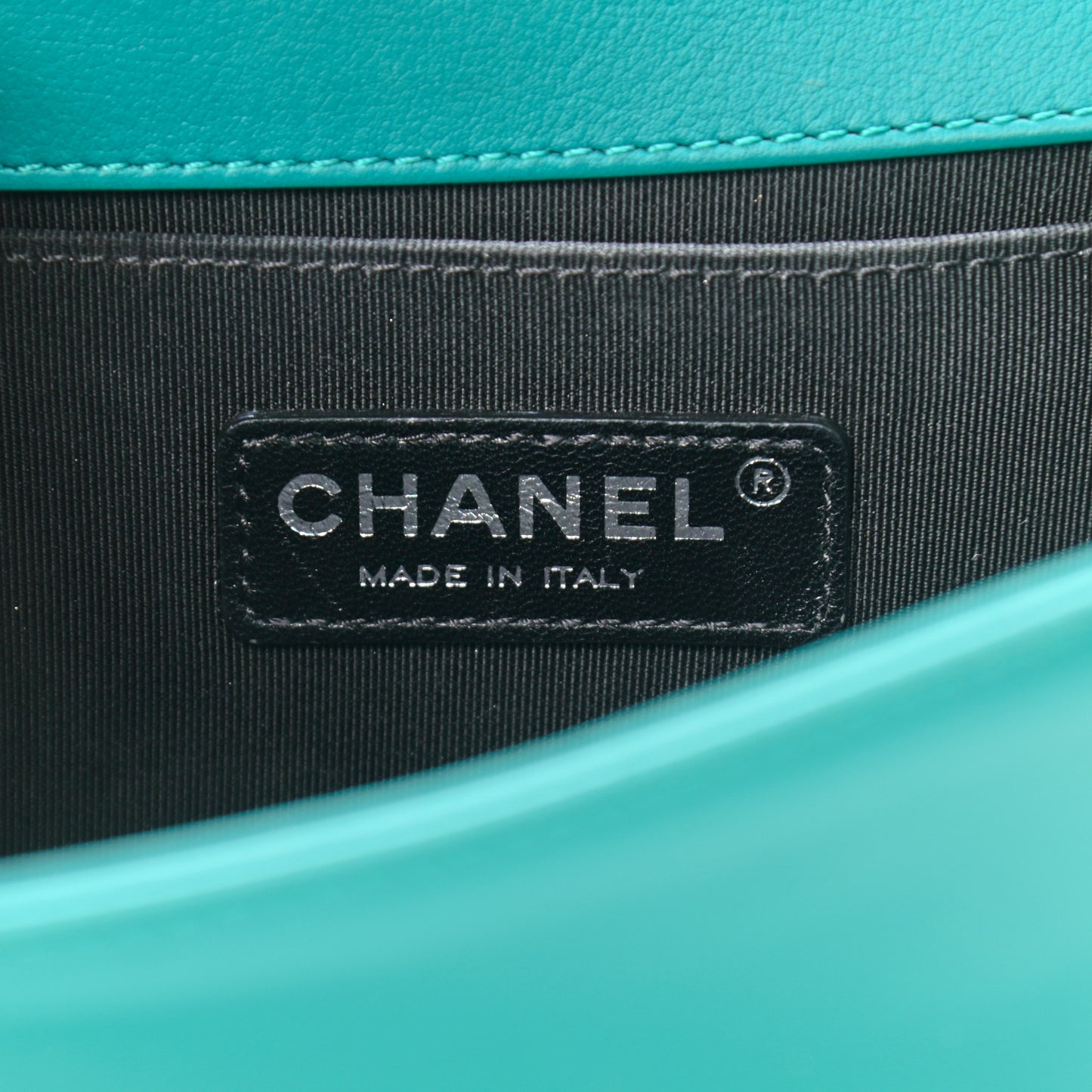 Patent Calfskin Quilted Small Plexiglass Boy Flap Turquoise