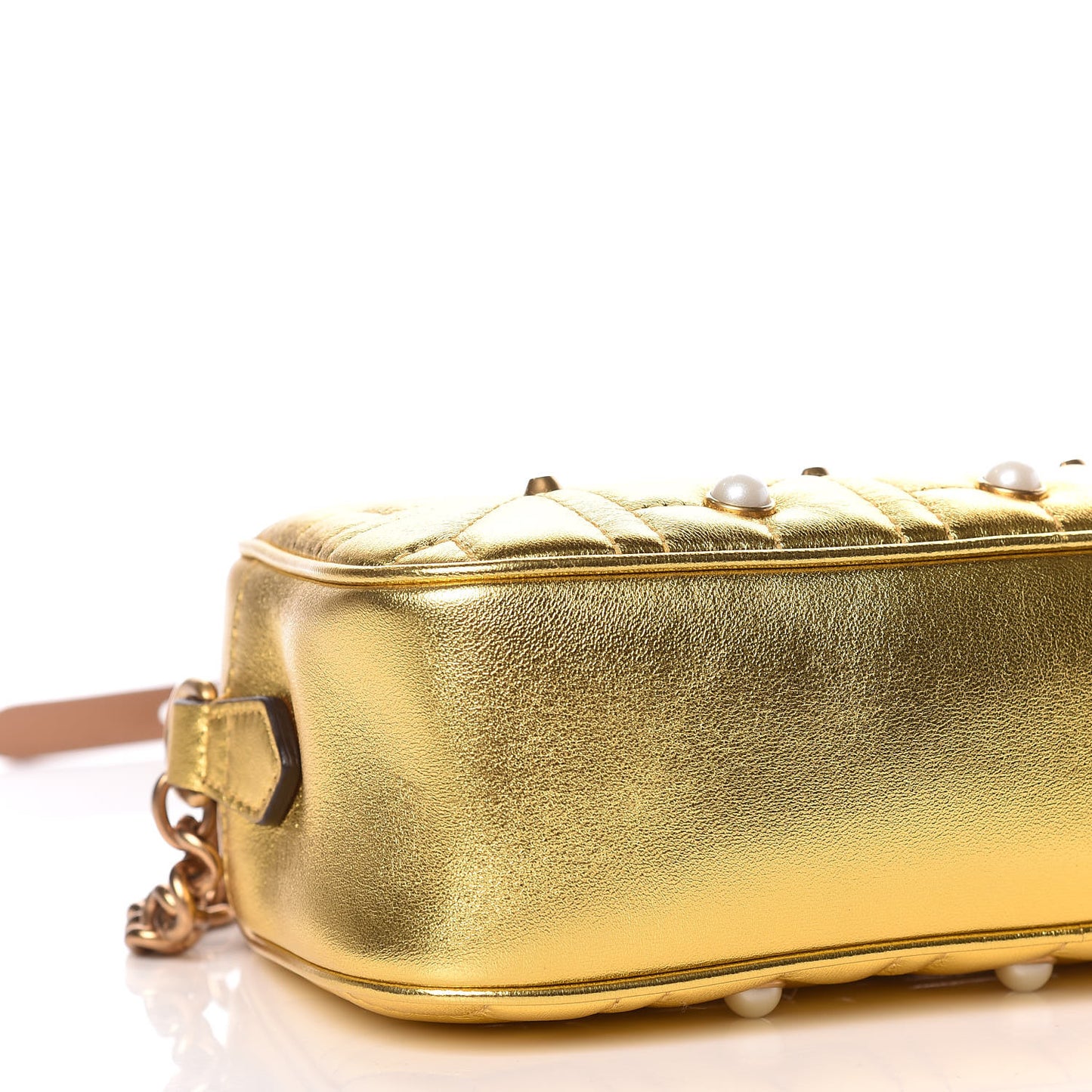 Metallic Calfskin Matelasse Studded Small Pearly GG Marmont Chain Shoulder Bag Gold