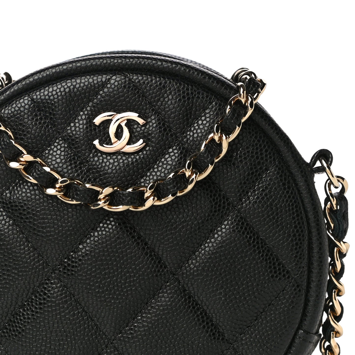 Caviar Quilted Round Clutch With Chain Black