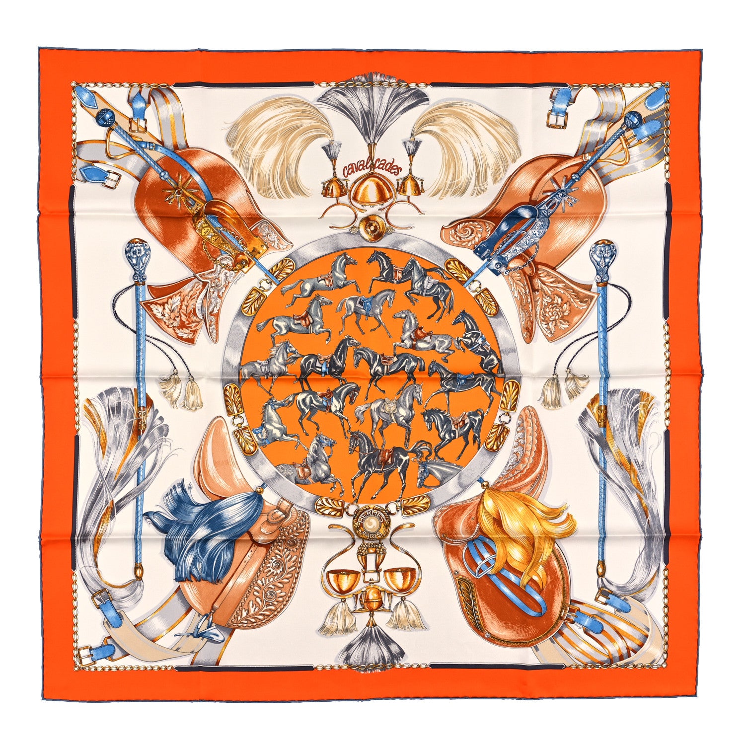 Hermes Silk Cavalcades Scarf 90 Orange White Rouille 1 of 3