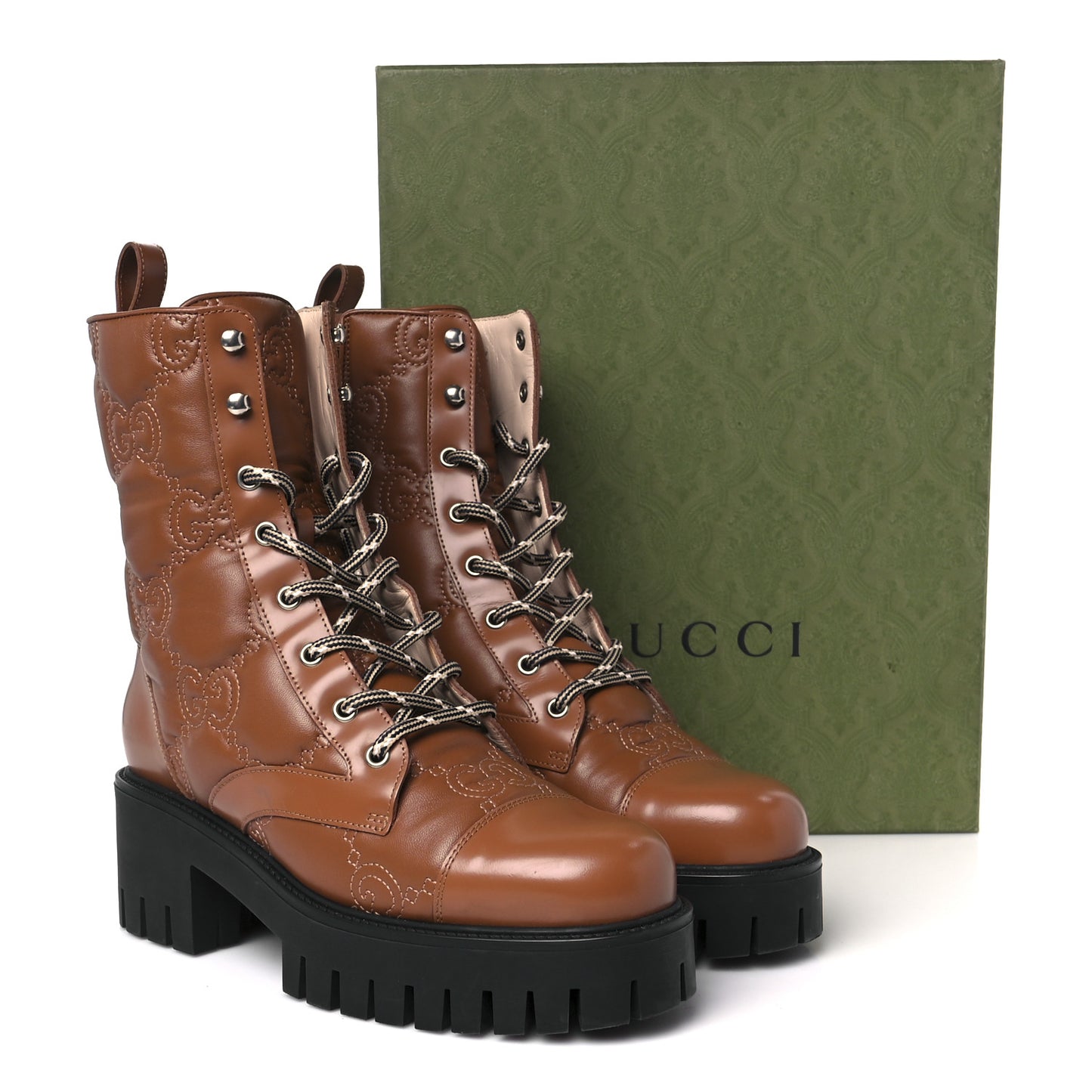 Cordovan Lux Nappa GG Matelasse Lace Up 60mm Combat Boots 39.5 Dark Hazel Brown