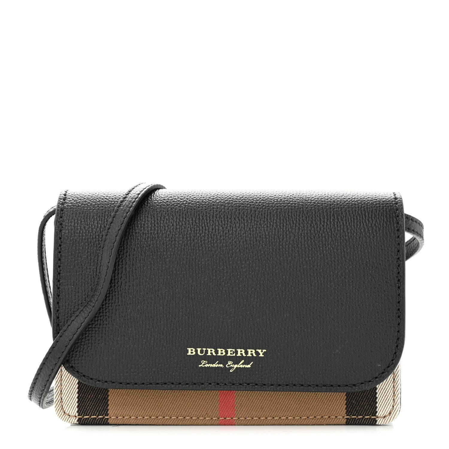 Burberry Grained Calfskin House Check Tartan Mix Hampshire Wallet On Chain Black 1 of 9