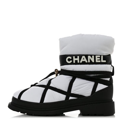 Chanel Calfskin Nylon Grosgrain CC Ankle Snow Boots 39.5 White Black 1 of 11