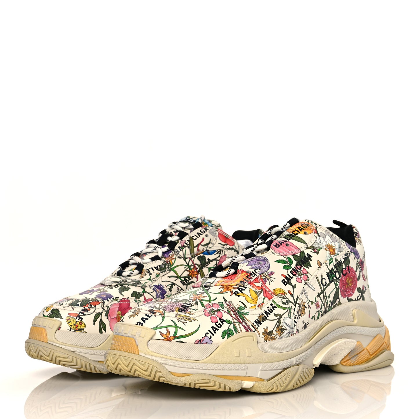 X GUCCI Fabric Allover Logo Flora Print Mens Triple S Sneakers 45 Multicolor White
