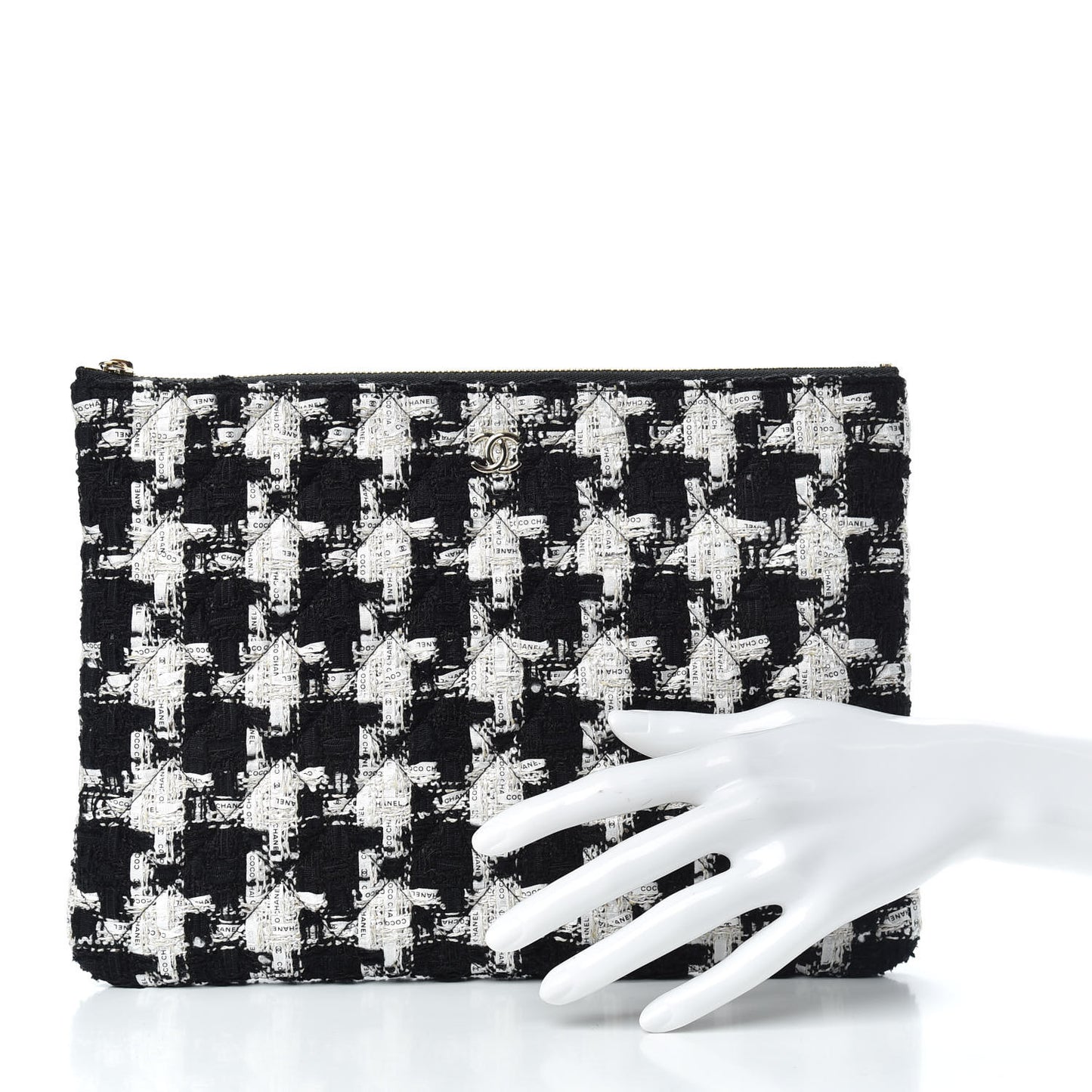 Tweed Quilted Medium Cosmetic Pouch Black Ecru White