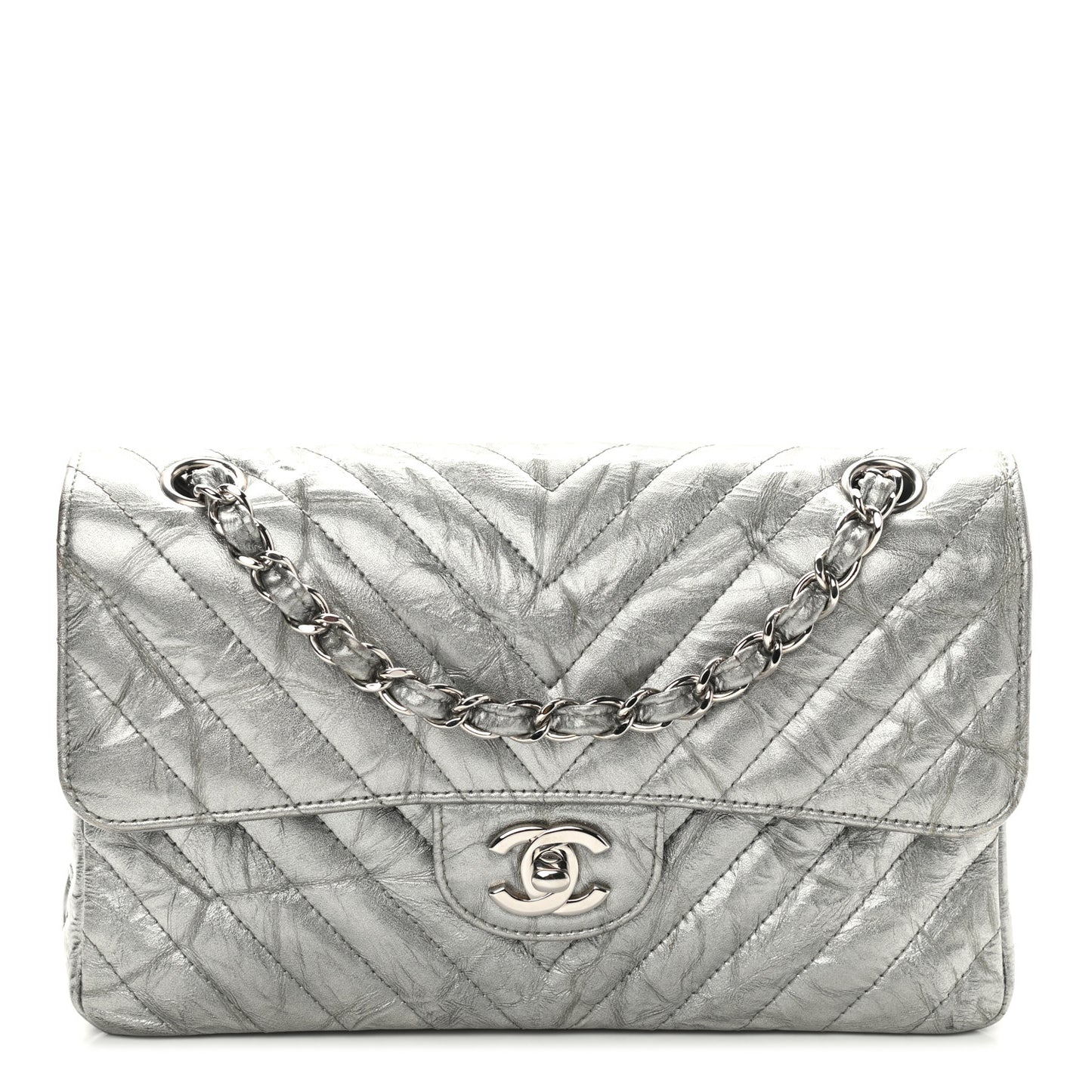 Metallic Crumpled Calfskin Chevron Quilted Mini Rectangular Flap Silver
