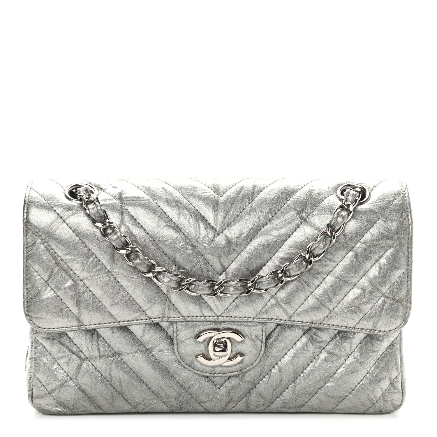 Chanel Metallic Crumpled Calfskin Chevron Quilted Mini Rectangular Flap Silver 1 of 9
