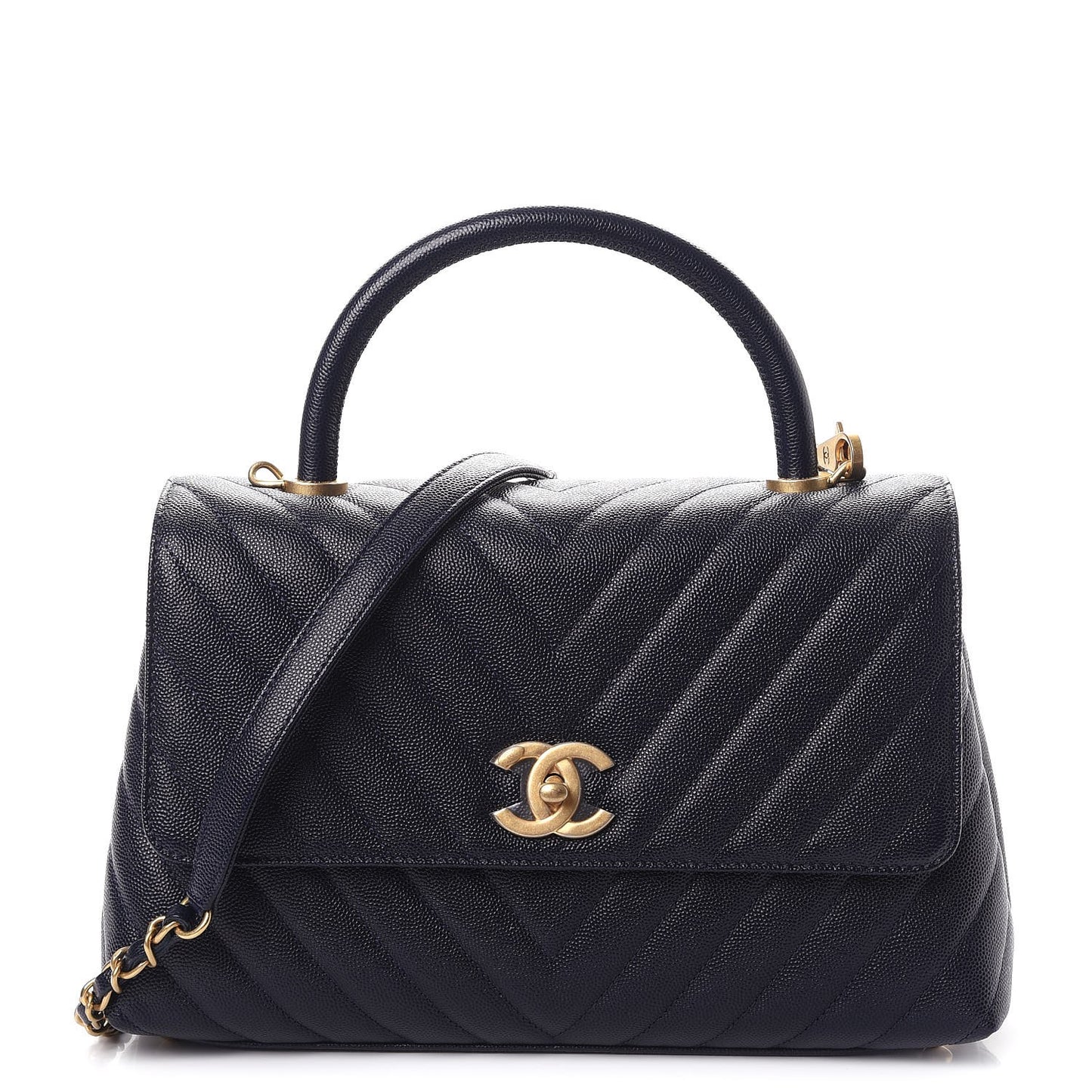 Caviar Chevron Quilted Small Coco Handle Flap Navy