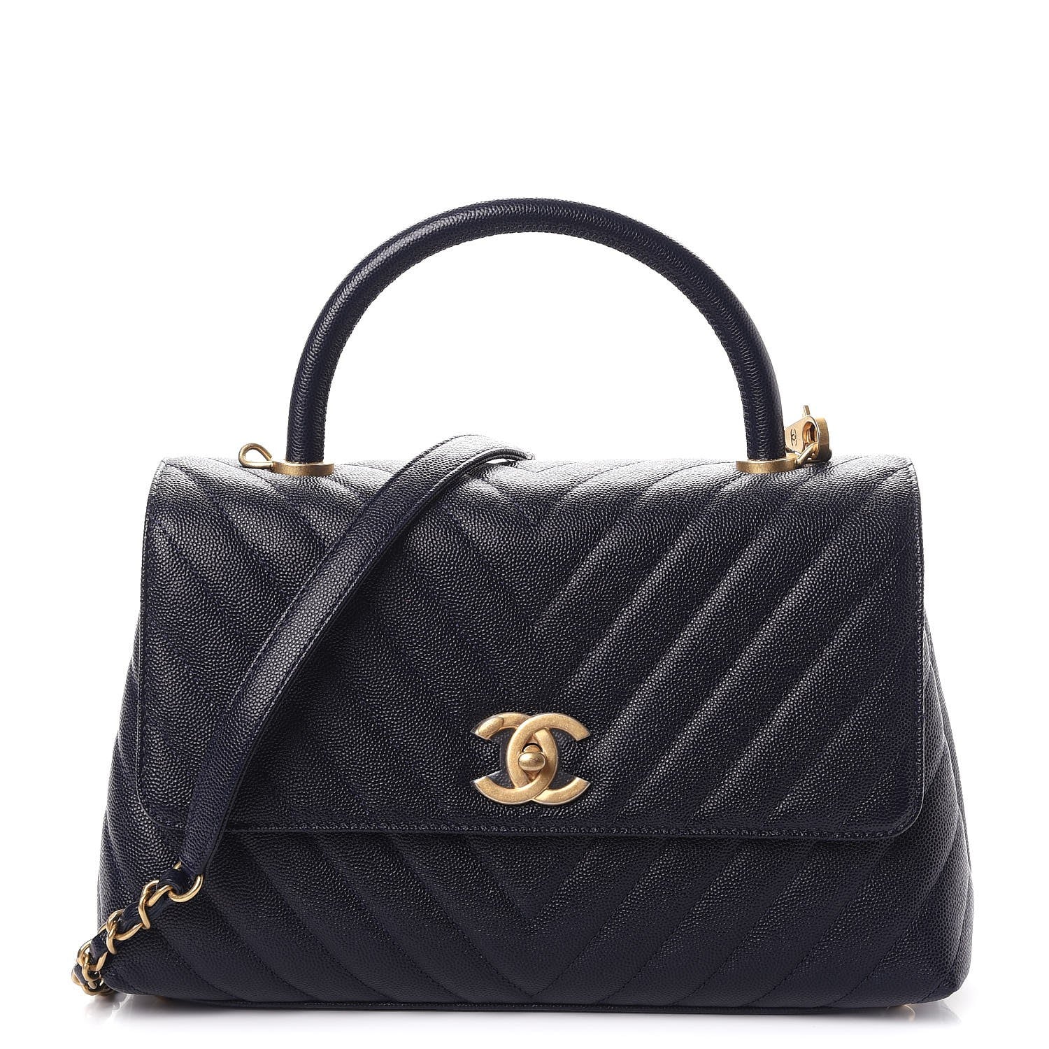 Chanel Caviar Chevron Quilted Small Coco Handle Flap Navy 1 of 11