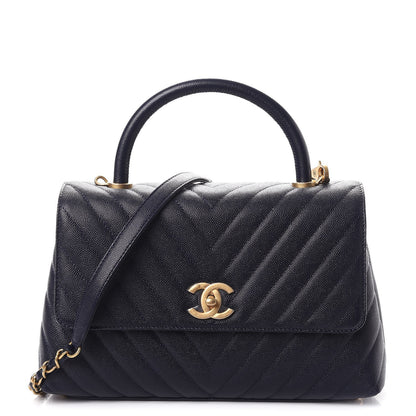 Chanel Caviar Chevron Quilted Small Coco Handle Flap Navy 1 of 11